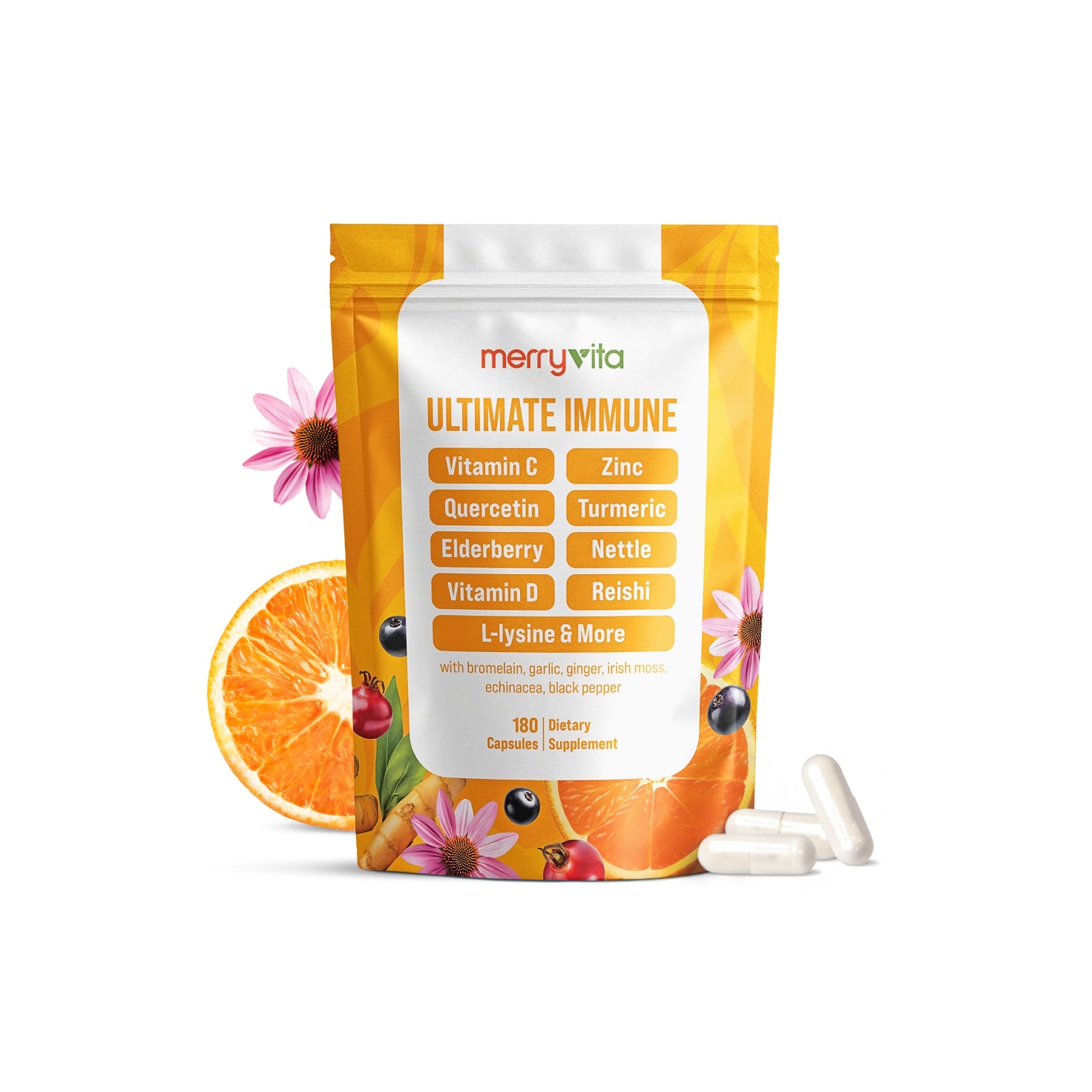 Immune Support Vitamin C Capsules with Quercetin, Zinc, Turmeric, Elderberry, Nettle, Vitamin D, Reishi, L-lysine & More- 180 Capsules